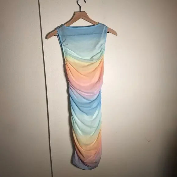NWT ABERCROMBIE & FITCH The Trevor Project pastel rainbow ruched mesh dress XST - Picture 4 of 7